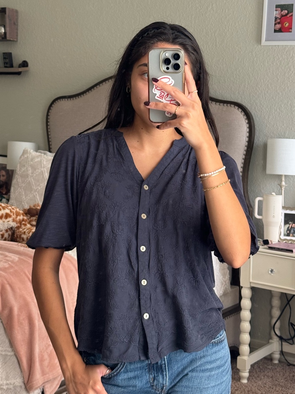 Democracy Navy Button-Front Short Sleeve Shirt